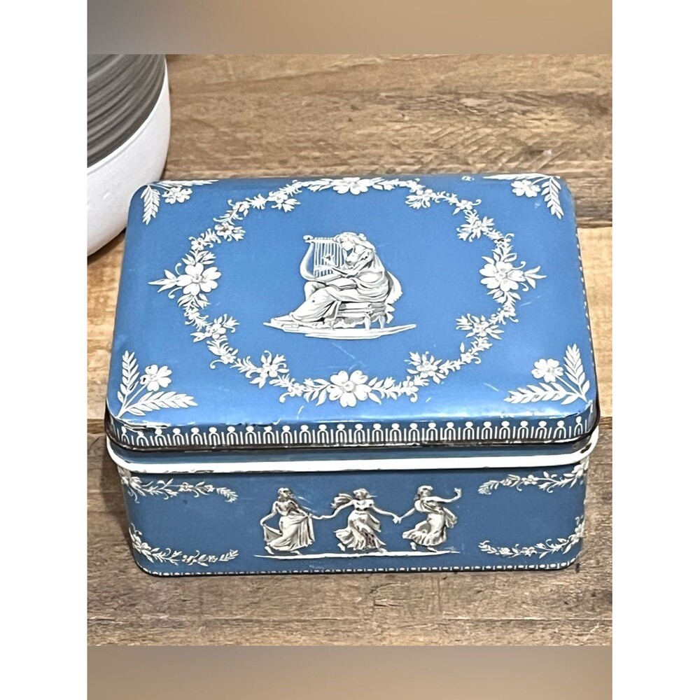 Vintage Wedgwood Style Blue Jasperware Tin Box Neoclassical Woman Harp Holland